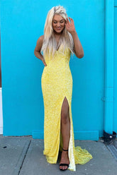 Yellow Sequined Mermaid Prom Dress V-Neck Long Evening Dress UK - MyChicDress
